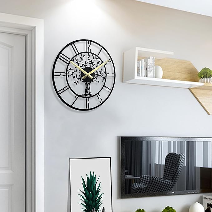 Large Tree of Life Wall Clock, Metal Large Modern Wall Clocks for Living Room, 14 in Oversized Battery Operated Silent Clock for Office,Living Room,Kitchen Decor