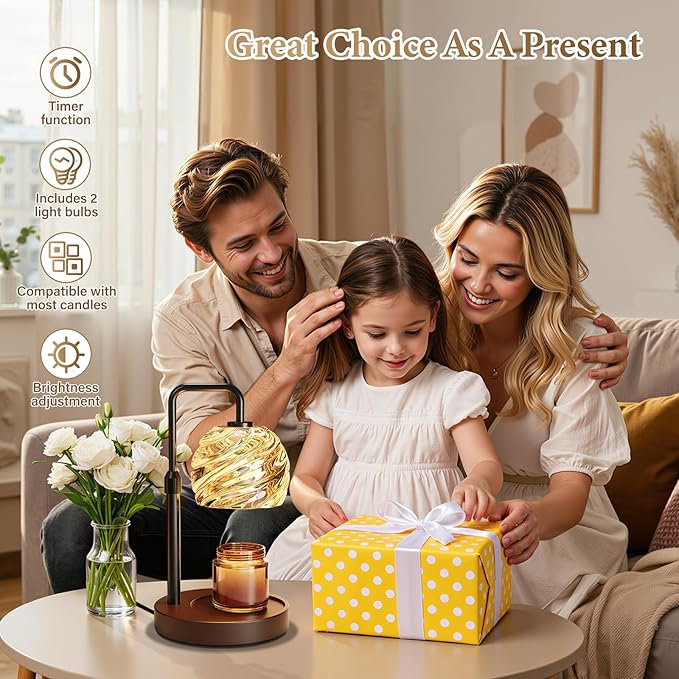 WarmEmbrace Candle Warmer Lamp with Timer for Jar Candles - Dimmable, Height and Brightness Adjustable Electric Wax Warmer Black, 2 Bulbs Included, House Warming Gift & Vintage Home Decor