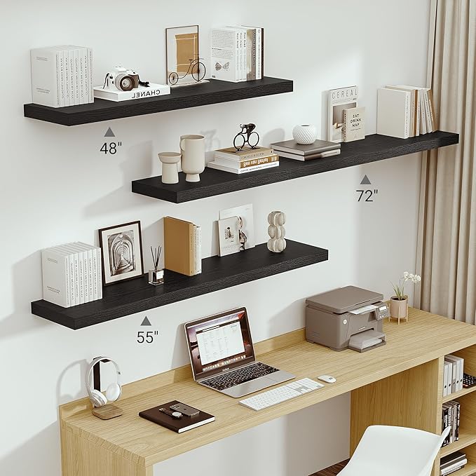 Vivelove 72 Inches Floating Shelves Wall Mounted, 12" Deep Wall Shelves for Bedroom, Bathroom, Living Room, Kitchen, Office, Home Decor, Modern Shelf, Set of 1, Black, 72x12x2