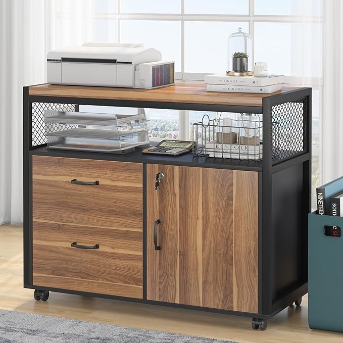 Tribesigns 55-inch L Shaped Desk with Drawer Cabinet, Executive Computer Desk and lateral File Cabinet, 2 Piece Home Office Furniture with Drawers for Hanging File, Doors with Locks (Brown, 55 inches)