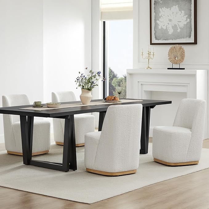 CHITA Upholstered Rolling Dining Chair on Casters Set of 4, FSC Certified Modern Fabric Dining Chair with Casters, Boucle Dining Chairs for Reading Room Kitchen Dining Room, Pearl