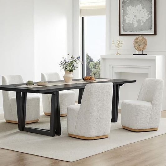 CHITA Upholstered Rolling Dining Chair on Casters Set of 4, FSC Certified Modern Fabric Dining Chair with Casters, Boucle Dining Chairs for Reading Room Kitchen Dining Room, Pearl