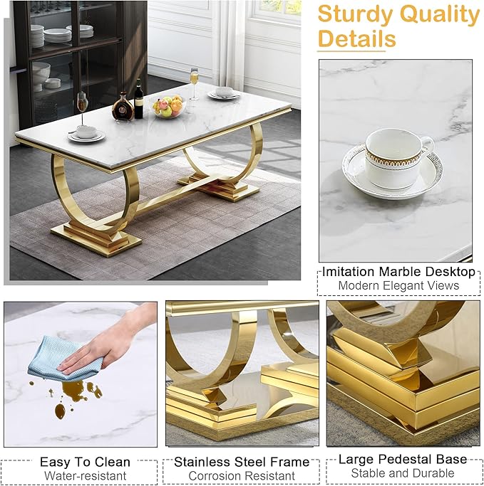 Goujxcy 68" Faux Marble Dining Table Set for 6, 7-Piece Dining Set with White Gold Kitchen Table and 6 Velvet Tufted Chairs, Modern Rectangular Dining Room Table with O-Shape Stainless Steel Base