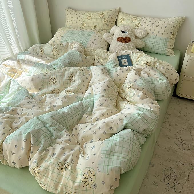 LifeTB Muslin Duvet Cover King Size 100% Cotton Botanical Floral Comforter Cover Aesthetic Flower Chic Plaid Desgin Cottagecore Bedding Set Breathable Soft Gauze Duvet Cover with 2 Pillowcases