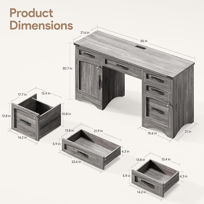Farmhouse Executive Desk with Drawers, 55" Home Office Desks with Fast Charging Station, Lockable File Cabinet, Wood Writing Computer Desk for Work, Study, Grey