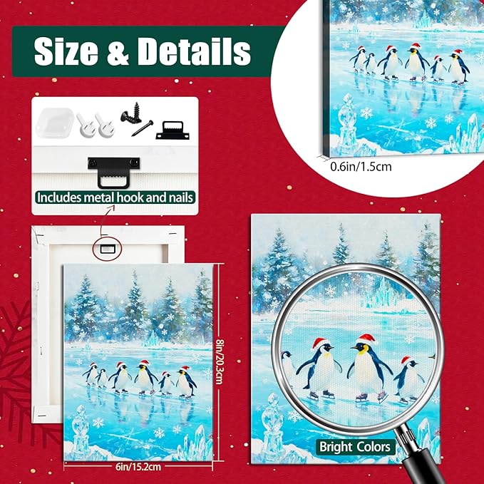 Christmas Penguin Canvas Wall Art - Playful Penguins in Snowy Forest Scene Framed Print for Living Room & Bedroom, Cozy Christmas Wall Decor, Charming Christmas Gifts & Festive Decorations