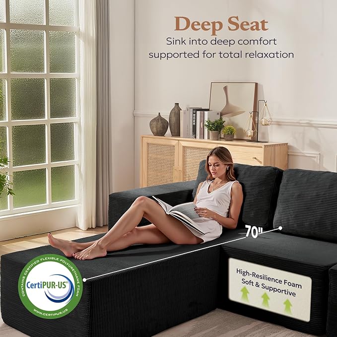 106" Cloud Sectional Couch, Left/Right Facing Convertible Sofa with Deep Seat, L-Shape Modular Upholstered Foam Couch for Living Room Bedroom, No Assembly Required (Corduroy Fabric, Black)