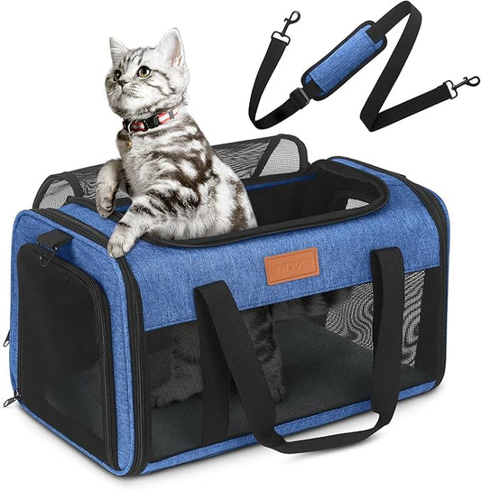 PETUX Pet Carrier Airline Approved - 17"x11"x9.5" Soft Cat Travel Carrier for Small Cats up to 12 lb - Top Open Portable Breathable TSA Approved Pet Carrier in Cabin for Travel and Vet Visit - Blue