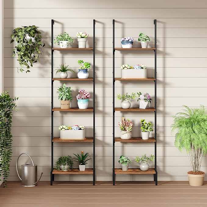 Ladder Shelf, 5-Tier Bookshelf, Ladder Bookcase with Wall Mount, Heavy Duty Industrial Style Storage Rack for Living Room, Office, Kitchen, Bedroom, Rustic Brown and Black LSHR5501