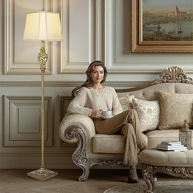 Vintage Floor Lamp for Living Room, 65" Tall Lamp with Nightlight and Beige Faux Silk Shade, Farmhouse Standing Lamp for Bedroom, Office Corner, or Study, Elegant Rustic Home Decor (LED Bulb Included)