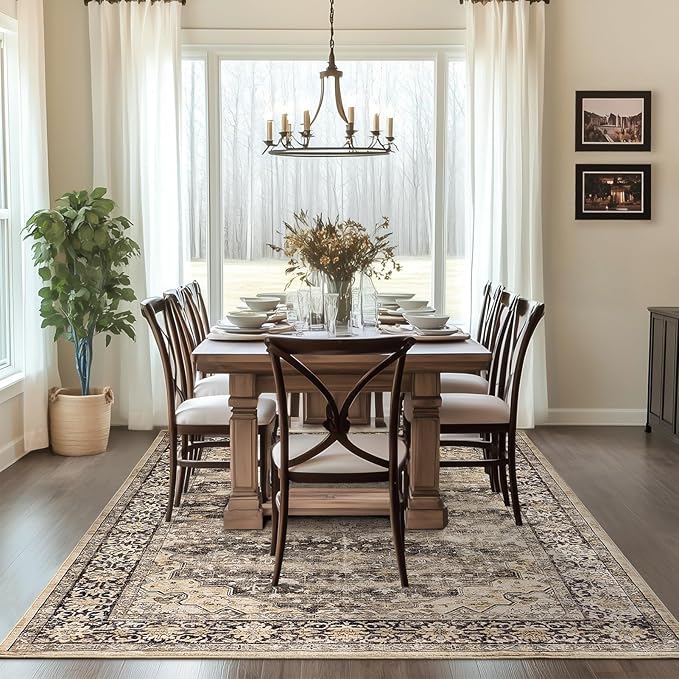 6x9 Living Room Rug Non Slip with Rubber Backing Machine Washable Soft Faux Fur Low Pile Stain Resistant Boho Vintage Euro Floral Carpet Rug for Bedroom Dining Room Kid's Room Home Office,Hazel Brown