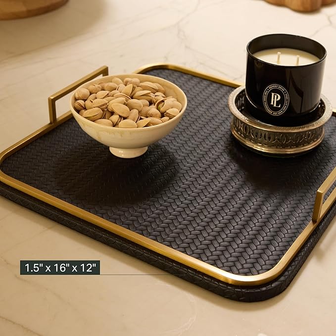 Preston Lane Mayfair Decorative Tray – Vegan Leather with Woven Texture, Brushed Brass Handles – Serving, Dresser & Coffee Table Tray, Ink