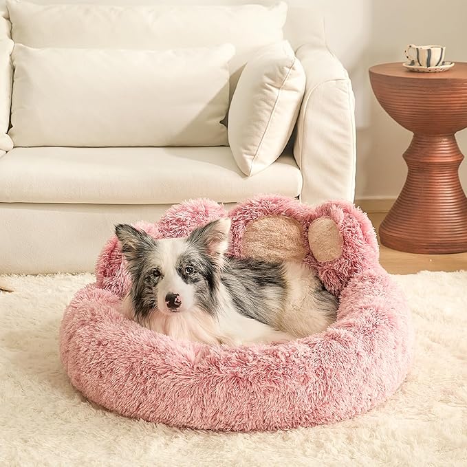Jiupety Paw Shape Calming Pet Bed, Medium Plush Faux Fur Donut Bed for Dogs & Cats, Machine Washable, Non-Slip Bottom, Extra Large Size (32"×32"×10"), Pink