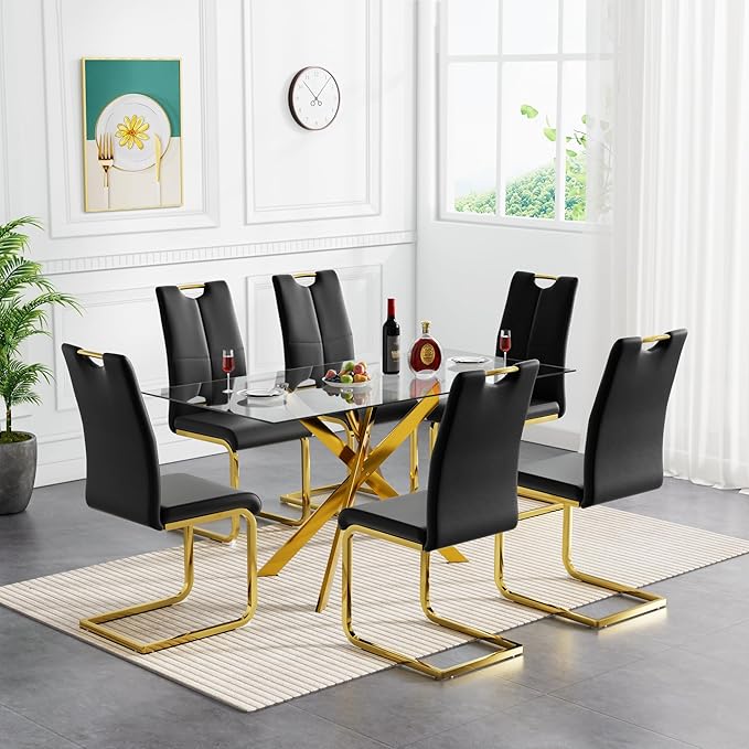 Modern Glass Dining Table Set for 6, Gold Glass Kitchen Table and Chairs Set of 6, 7 Piece Dining Room Table Set with 61" Rectangular Metal Glass Dinner Table and 6 Black Leather Dining Chairs