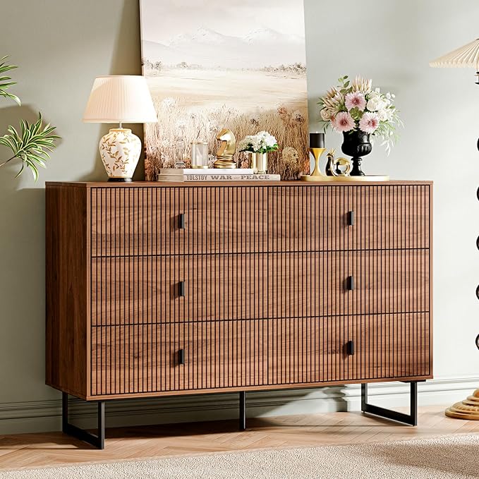 Modern Chest of Drawers with 6 Drawers,Deep Drawers,Clothes Organizer,Large Storage Cabinet for Living Room, Bedroom,Hallway,with Anti-Tipping Device,Brown