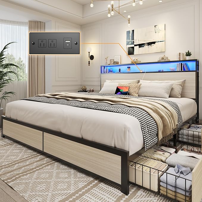 Lifezone King Bed Frame with 2-Tier Storage Headboard, Metal Platform Bed Frame with 4 Storage Drawers, Built in Charging Station & LED, Noise-Free/Metal Support/No Box Spring Needed, Beige
