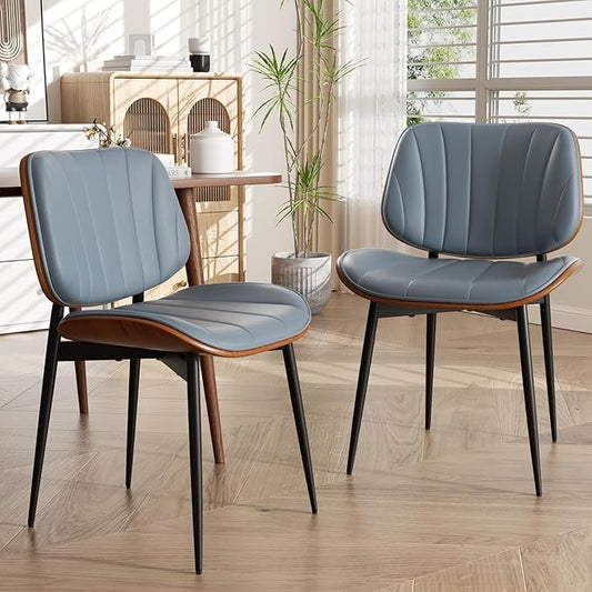 Dining Chairs Set of 2, Mid Century Modern Dining Room Chair, Upholstered Faux Leather Kitchen Chairs with Walnut Bentwood Back and Metal Legs for Kitchen Dining Room Living Room, Blue