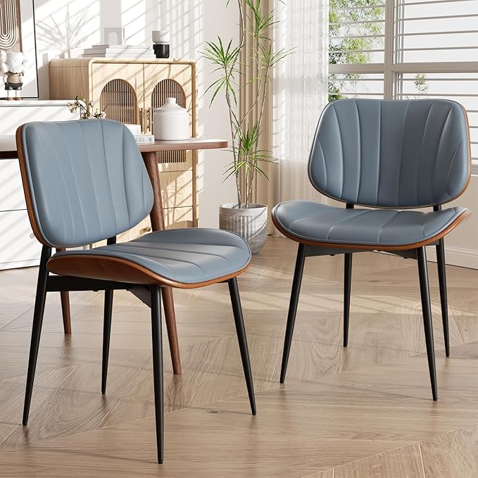 Dining Chairs Set of 6, Mid Century Modern Dining Room Chairs, Upholstered Faux Leather Kitchen Chairs with Walnut Bentwood Back and Metal Legs, Blue
