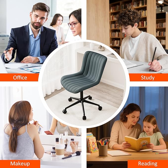 Kidol & Shellder Leather Home Office Desk Chair with Wheels Modern Cute Armless Executive Swivel Vanity Chair with Comfy Back Ergonomic Rolling Adjustable Computer Task Chair Small Greyish Green