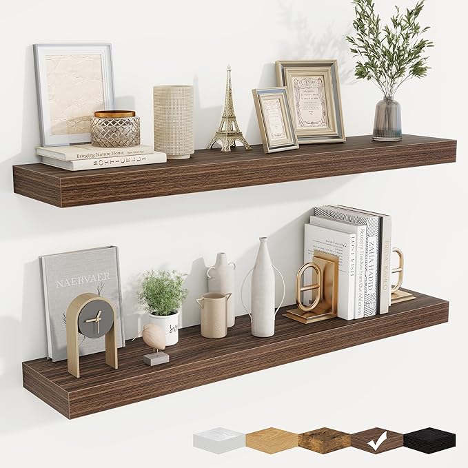 fuqing Floating Shelves for Wall, Wall Mounted Wood Floating Shelf with Invisible Brackets for Living Room, Bathroom, Bedroom, Kitchen Storage and Decor, 40 Inch Set of 2, Walnut