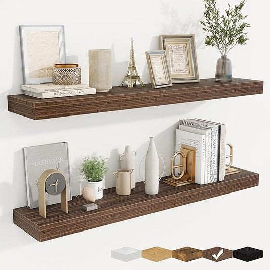 fuqing Floating Shelves for Wall, Wall Mounted Wood Floating Shelf with Invisible Brackets for Living Room, Bathroom, Bedroom, Kitchen Storage and Decor, 40 Inch Set of 2, Walnut