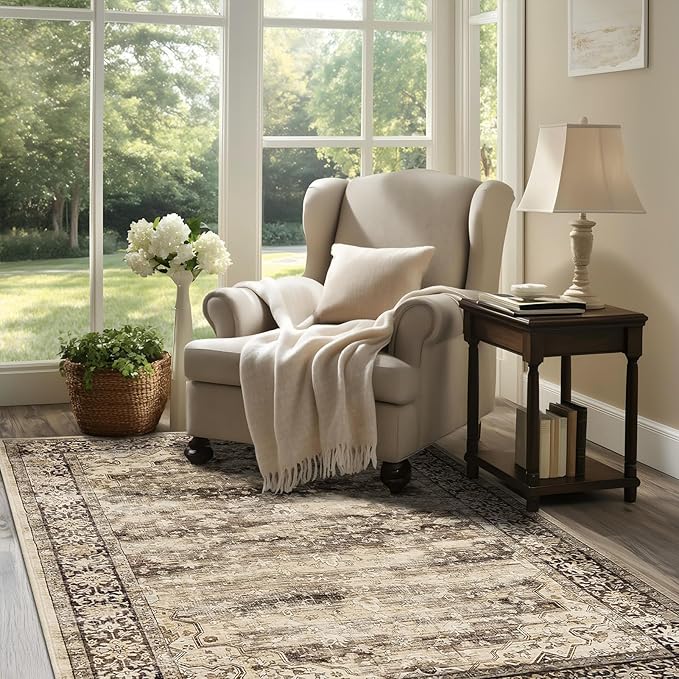 4x6 Area Rugs for Living Room Machine Washable Vintage Floral Boho Rugs Non Slip Stain Resistant Low Pile Soft Faux Fur Carpet Rug for Bedroom Patio Dining Room Home Office Kids Room,Hazel Brown