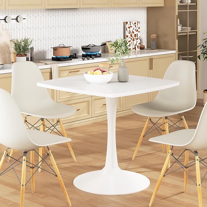 Recaceik Square Dining Table for 2-4 Person, 32 Inches Tulip Kitchen Table with Pedestal Base for Kitchen & Dining Room Table, Mid-Century Modern in Tulip Tables w/0.71" Thickened Desktop, White