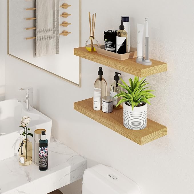 Fun Memories Floating Shelves for Wall, 24Inch Floating Shelves Set of 2, Hanging Shelf with Invisible Brackets, Wood Shelves for Living Room, Bedroom, Kitchen, Oak