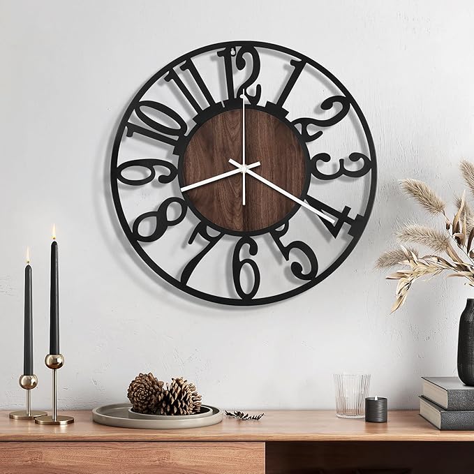 Maxstar Wall Clock Battery Operated,Silent Non-Ticking Modern Rustic Metal Round Clocks Small for Living Room/Bedroom/Office/Kitchen/Farmhouse Home Decor-14 Inch(Brown-Wood)