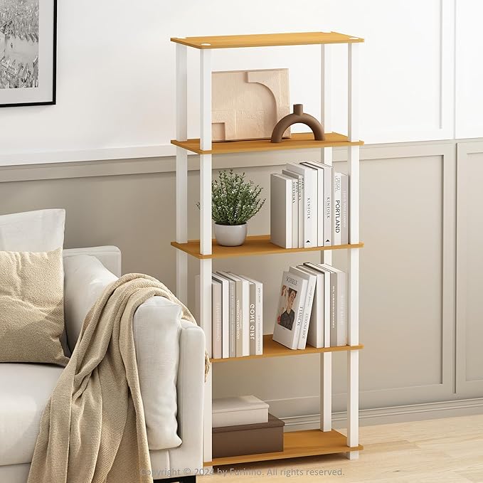 Furinno Turn-S-Tube Storage Shelves Set of 2, 3-Tier Book Shelf, Corner Shelf, Toolless Open Shelves, Square Tubes, for Organization and Storage, Living Room, Garage, Home Office, Beech
