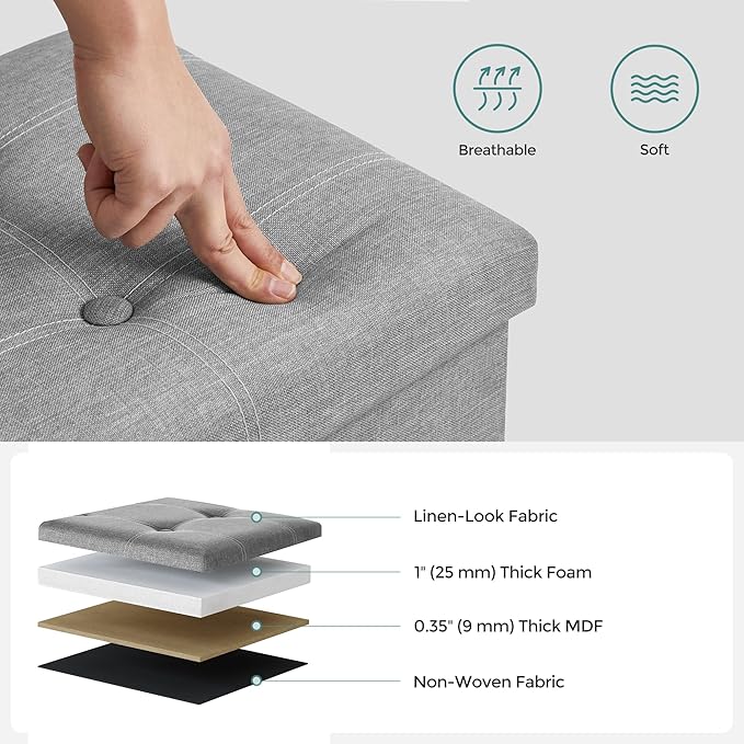 SONGMICS MAZIE Collection - 43 Inches Ottoman Storage Bench, 35 Gal. Folding Chest with Breathable Linen-Look Fabric, Load up to 660 lb, for Entryway, Living Room, Bedroom, Light Gray ULSF077G05