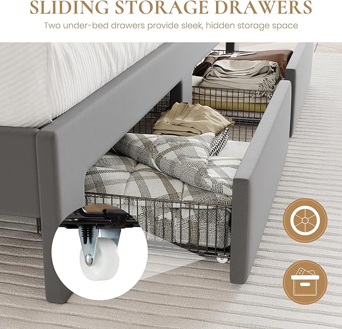 SHA CERLIN Velvet Full Size Bed Frame with Vertical Channel Tufted Wingback Headboard & 2 Storage Drawers/2-Tier Shelves with LED Lights & Charging Station/Noise-Free/No Box Spring Needed/Light Grey