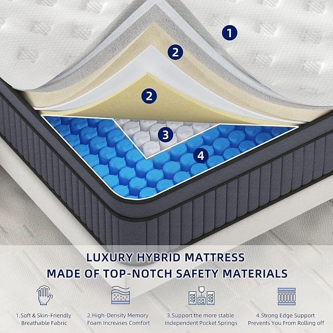 Firm King Size Mattress [Enhanced], 12 Inch King Mattress In A Box, Hybrid Mattresses With Gel Memory Foam & Independent Pocket Springs, Pressure Relief, Cooling, Additional Support, 365-Night Trial