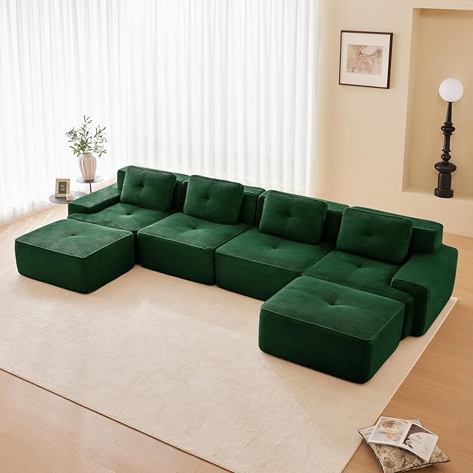 150.4'' Sectional Sofa, 32D Foam Corduroy Boneless Couch with Pillow, Deep Seat Wide Arm Sectional U Shaped Couch for Living Room, Apartment, Bedroom