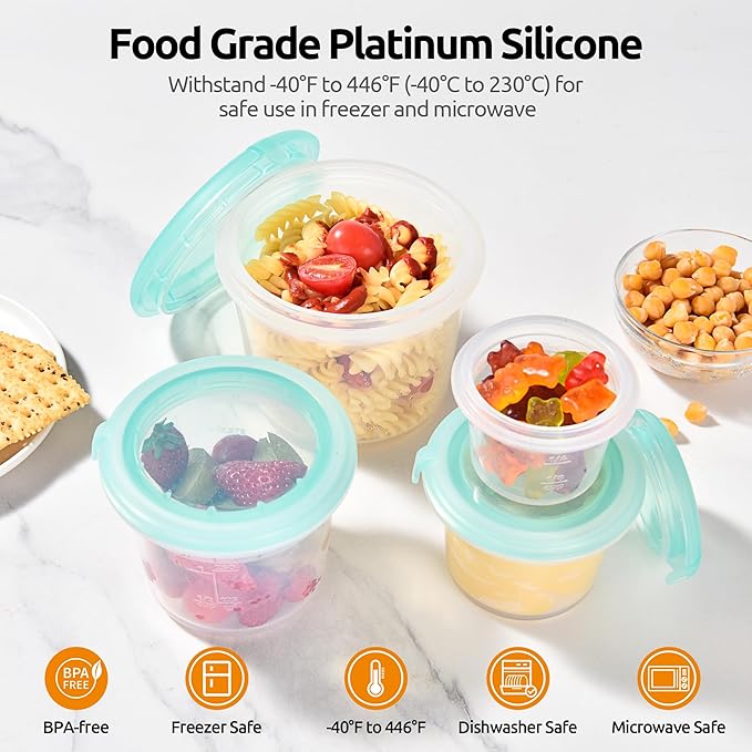 U-Taste Silicone Food Storage Containers Set: Meal Prep Box with Airtight Lid, Freezer & Microwave Safe, Date Marking Circle, Clear cup/oz/ml Measurement for Dry & Wet Deli -2oz/4oz/8oz/16oz, Aqua Sky