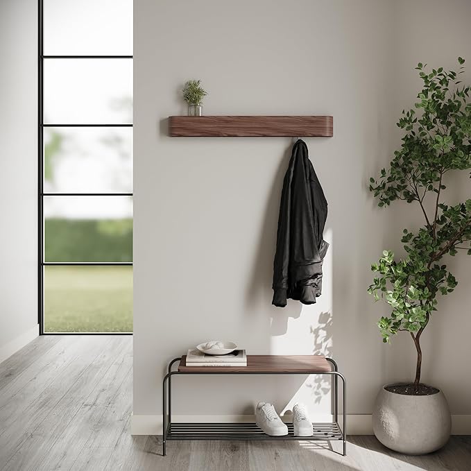 Kazai. Wall-Mounted Coat Rack 'Toke' - Modern Design with Hidden Wall Hooks - Solid Wood Veneer Panel Coat Hanger - Walnut