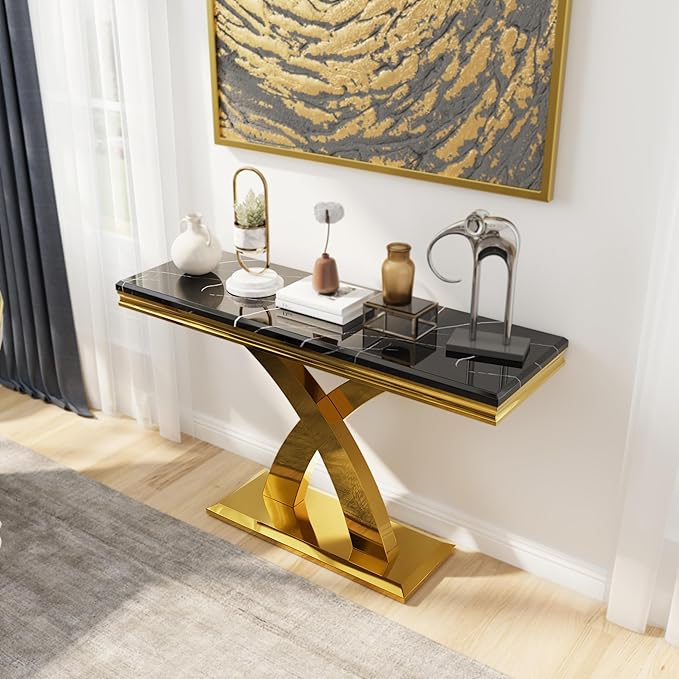 AUZ 3 Pieces Black Gold Living Room Table Set, Coffee Table Set with X-Shape Design Polished Stainless Steel Frame