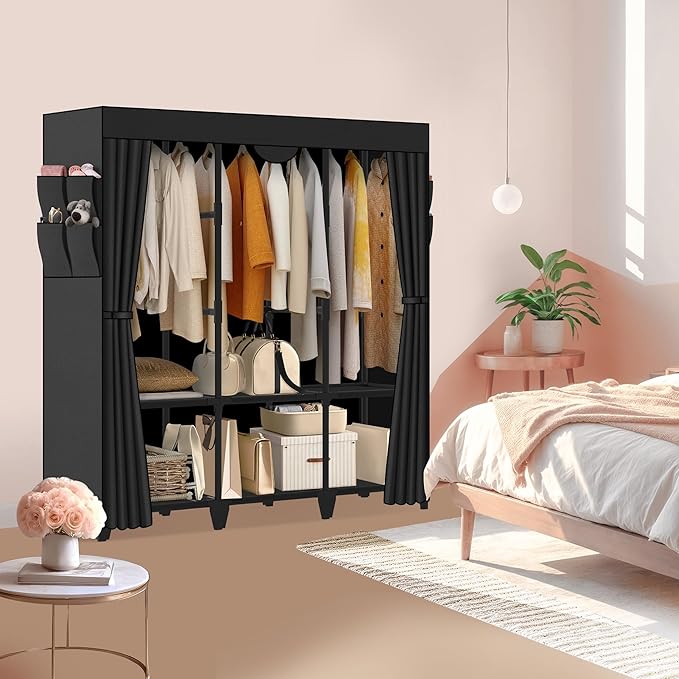 Wardrobe Closet, Quick and Easy Assembly, Black Large Capacity Portable Closet with 3 Hanging Rods 6 Storage Shelves and 8 Side Pockets, Clothes Rack with Cover, for Bedroom and Living Room