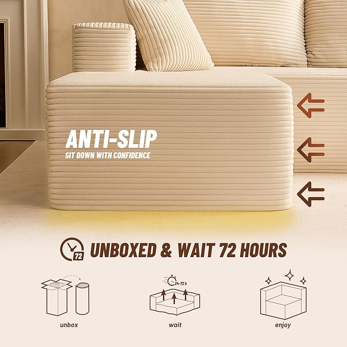 Chaise Lounge Chair, Sleeper Couches, Boneless Couch for Living Room and Bedroom, Corduroy, White