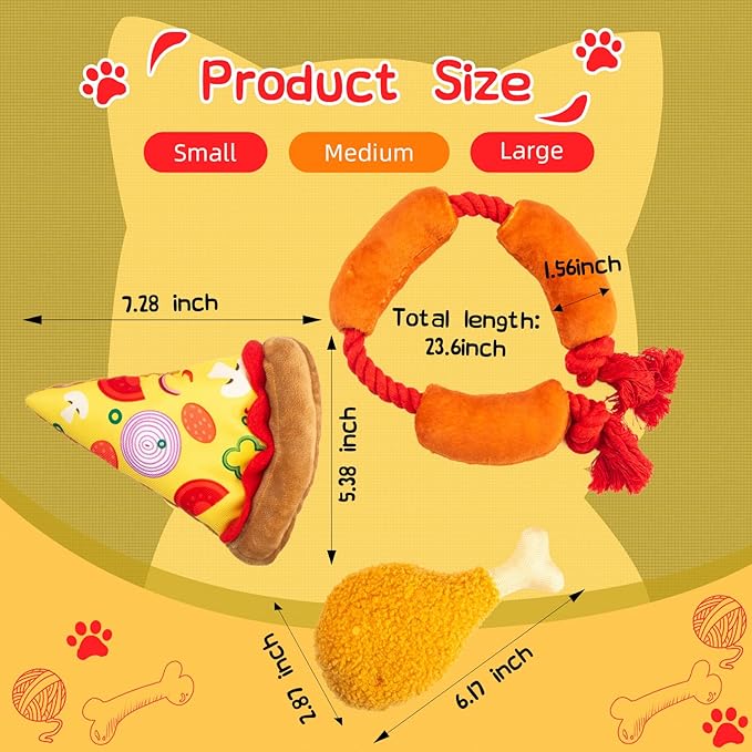Squeaky Toys for Dogs – Fun Interactive Food-Themed Set，Pizza，Drumstick，and Sausage Rope，Durable Tug Toy and Chew Toy，Ideal for Small & Medium Dogs and Strong Chewer