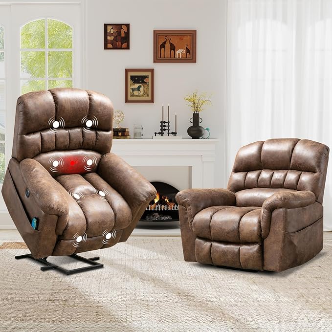 Large Power Lift Recliner Set of 2 with Massage and Heat for Elderly, Faux Leather Electric Lifting Recliners with USB Port, Oversized Reclining Sofa Chair for Living Room, Brown