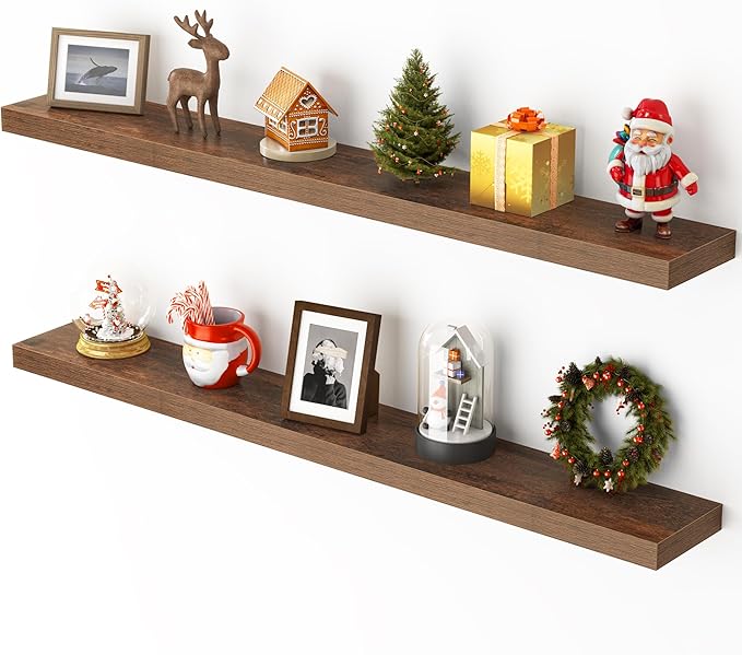 Heimlove 48 Inch Floating Shelves for Wall,Extra Long Wood Shelves Mounted Storage Hanging Shelf Invisible Bracket for Bedroom,Living Room,Kitchen,Office,Set of 2,Rustic Brown
