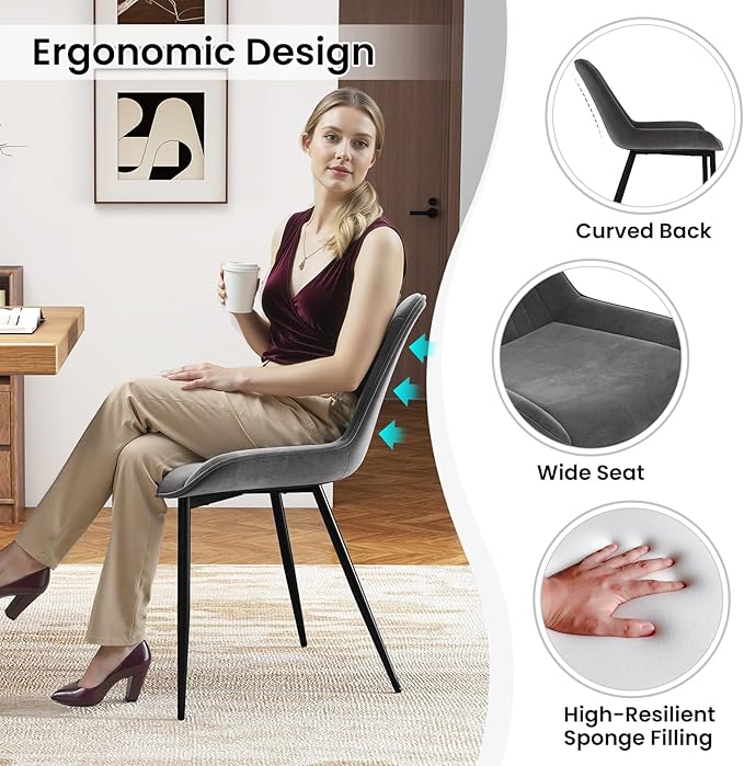 Giantex Dining Chairs Set of 4, Soft Velvet Upholstered Kitchen Dining Room Chairs w/Handle, Metal Legs, Curved Back, Modern Armless Accent Side Chair for Living Room, Restaurant (Velvet Gray)