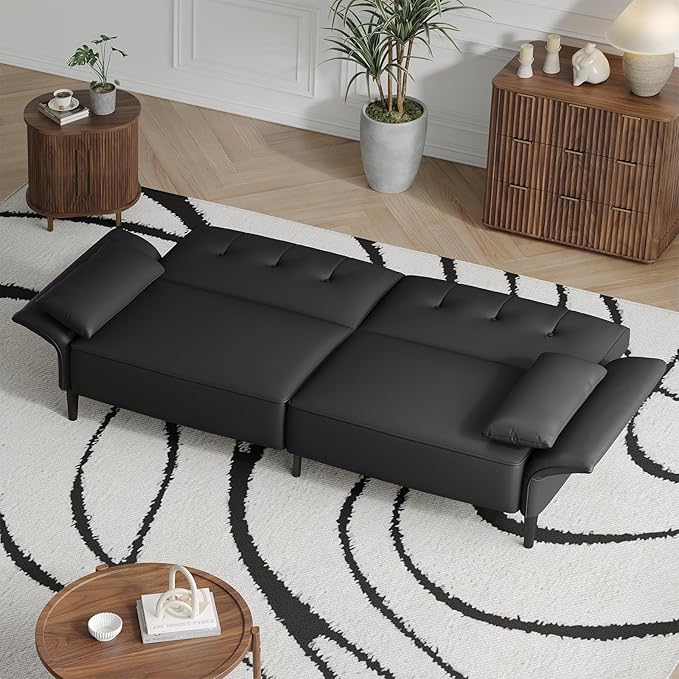 89” Futon Sofa Bed,Futon Couch Bed with 2 Square Pillows,Convertible Sleeper Sofa with Adjustable Backrest& Armrests, Modern Loveseat Sleeper for Living Room, Bedroom,Faux Leather Black