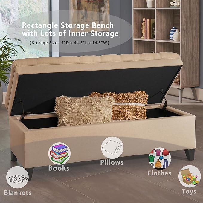 Setawix Linen Storage Benches for Bedroom,50" Bed End Bench with Storage,Tufted Beige Storage Ottoman Bench for Living Room,Rectangle Entryway Benches with Storage and Seating (Beige, Linen)