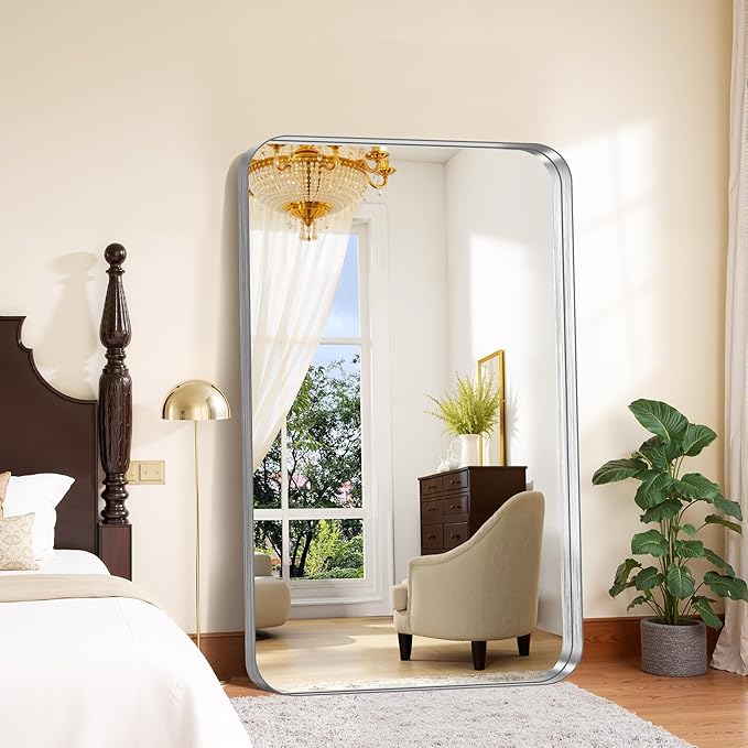 FORBATH 60x36 Inch Large Bathroom Mirror for Double Sinks, Brushed Silver Deep Frame Wall Mirror with Rounded Corners, Anti-Rust Tempered Glass for Modern Farmhouse Vanity (Horizontal/Vertical)