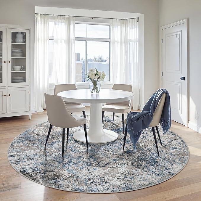 5ft Round Area Rug for Living Room- 5x5 Washable Neutral Abstract Rug for Bedroom Modern Soft Dining Room Rug No Slip Low Pile Carpet for Nursery Home Office Decor - Grey/Blue