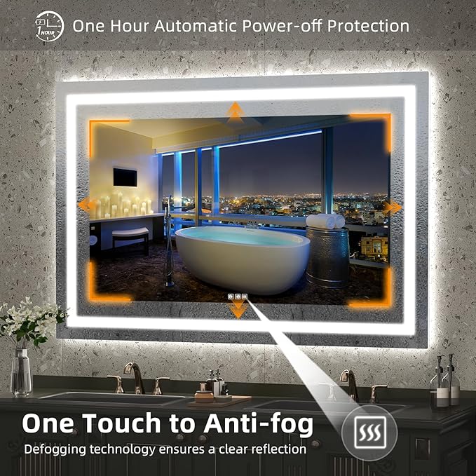LED Mirror for Bathroom, 60x40 Inch Backlit + Front Lighted Bathroom Vanity Mirror with Lights for Wall, Double Light Strips, 3 Colors, Shatter-Proof, Anti-Fog and Brightness Memory