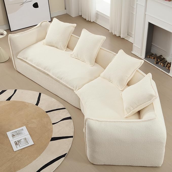 129.9” Curved Boucle Sofa Couch, Modern Sectional Sofa Cloud Deep Seat Couch with 4 Pillows, Comfy Modular 4-Seat Couches for Living Room Apartment (Beige)
