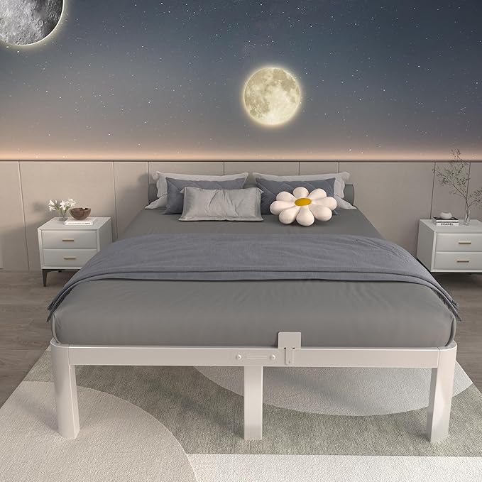 ITIMIDI White Full Size Bed Frame 12 Inch, Metal Platform Bed Frame Full No Box Spring Needed, DIY Headboard, Heavy Duty Steel Support 3500 LBS, Noiseless, Round Legs, Storage Space, Easy Assemblys